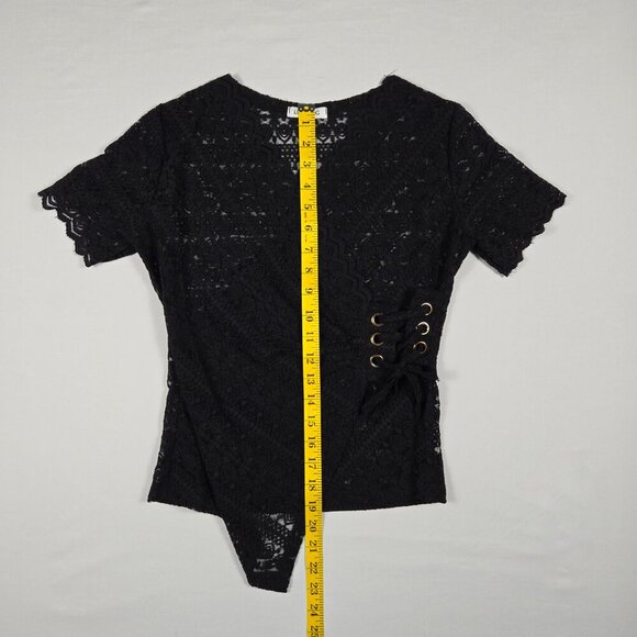 LUODING Gothic Black Lace Wrap Top w/ Grommet Corset Detail & Asymmetrical Hem - Picture 6 of 12